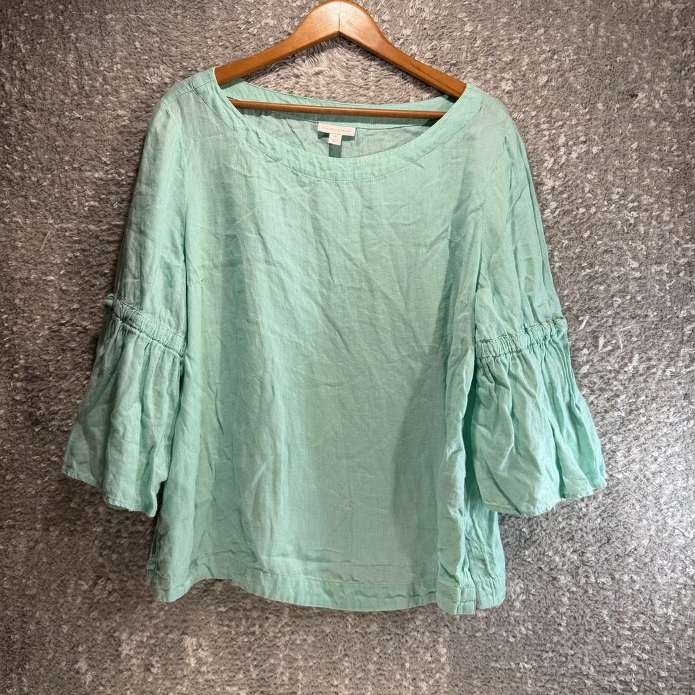 Charter Club Blue Green LINEN Top Tunic XL Bell Sleeves Coastal Preppy READ